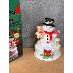 Vintage Flambro Porcelain Snowman w/ Bear Musical Music Box Frosty The Snowman